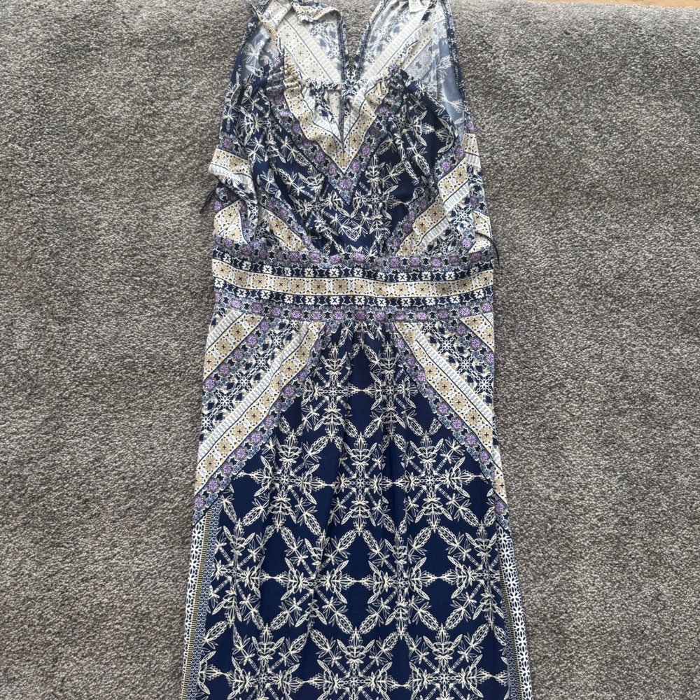 London Style Collection Petite Navy Blue Boho Geometric Maxi Dress 10P 153031